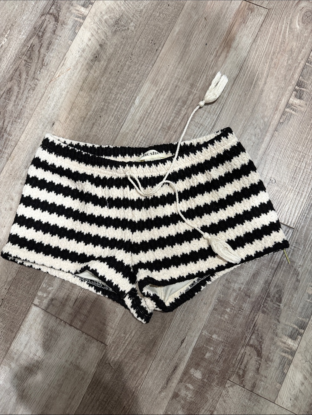 shosho Black & White Striped Knit Bike Shorts with Tassel Drawstring